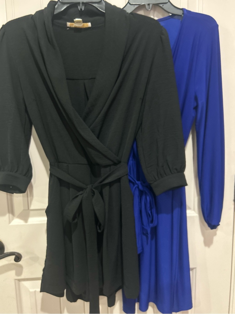 Black Wrap Front Tie Romper with Cobalt Blue Wrap Front Mini Dress